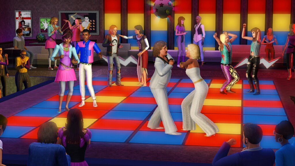 A large group of Sims dance on a light up platform wearing attires from the 70s, 80s, and 90s. Other Sims surround the dancefloor and cheer on.