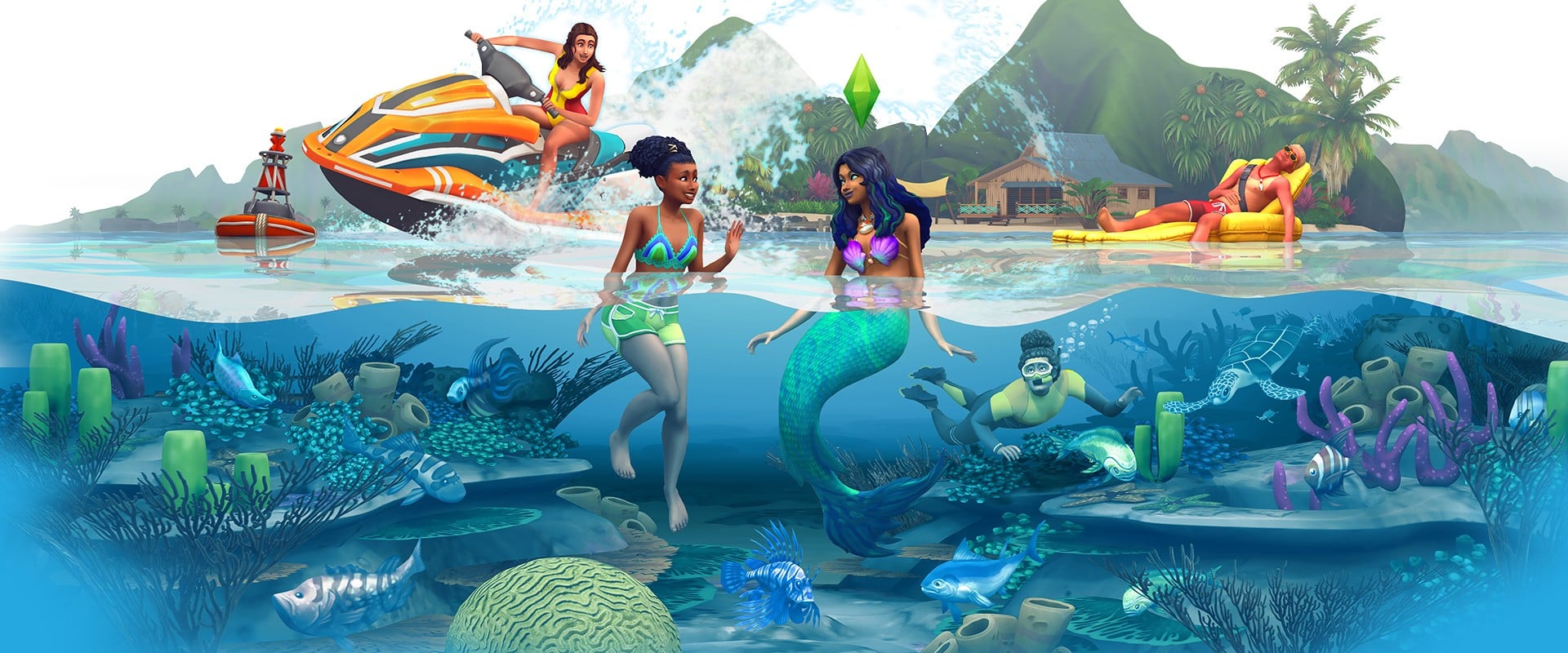 Three women are engaging in conversations in the water, while two people are relaxing on inflatables and riding jet skis on the tropical island of Sulani in The Sims 4 Island Living expansion.