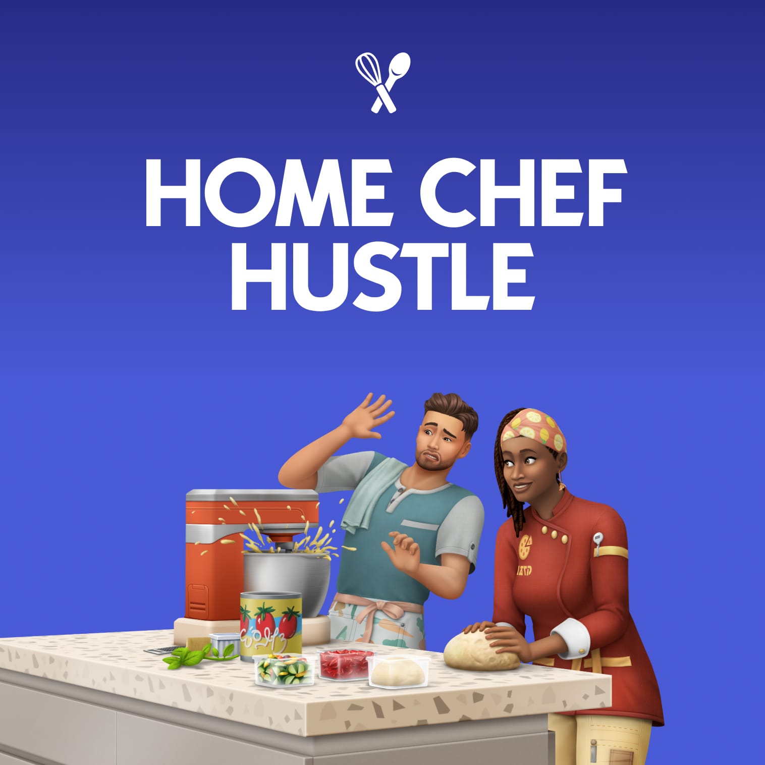 Two Sims baking in a kitchen. One sim is rolling dough while the other one is using the mixer.