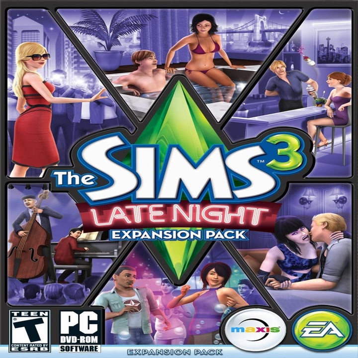 Cover art for Sims 3 late night pack, which includes a woman wearing sunglasses at a bar, a couple in a hot tub, a woman sitting at a bar, and people dancing