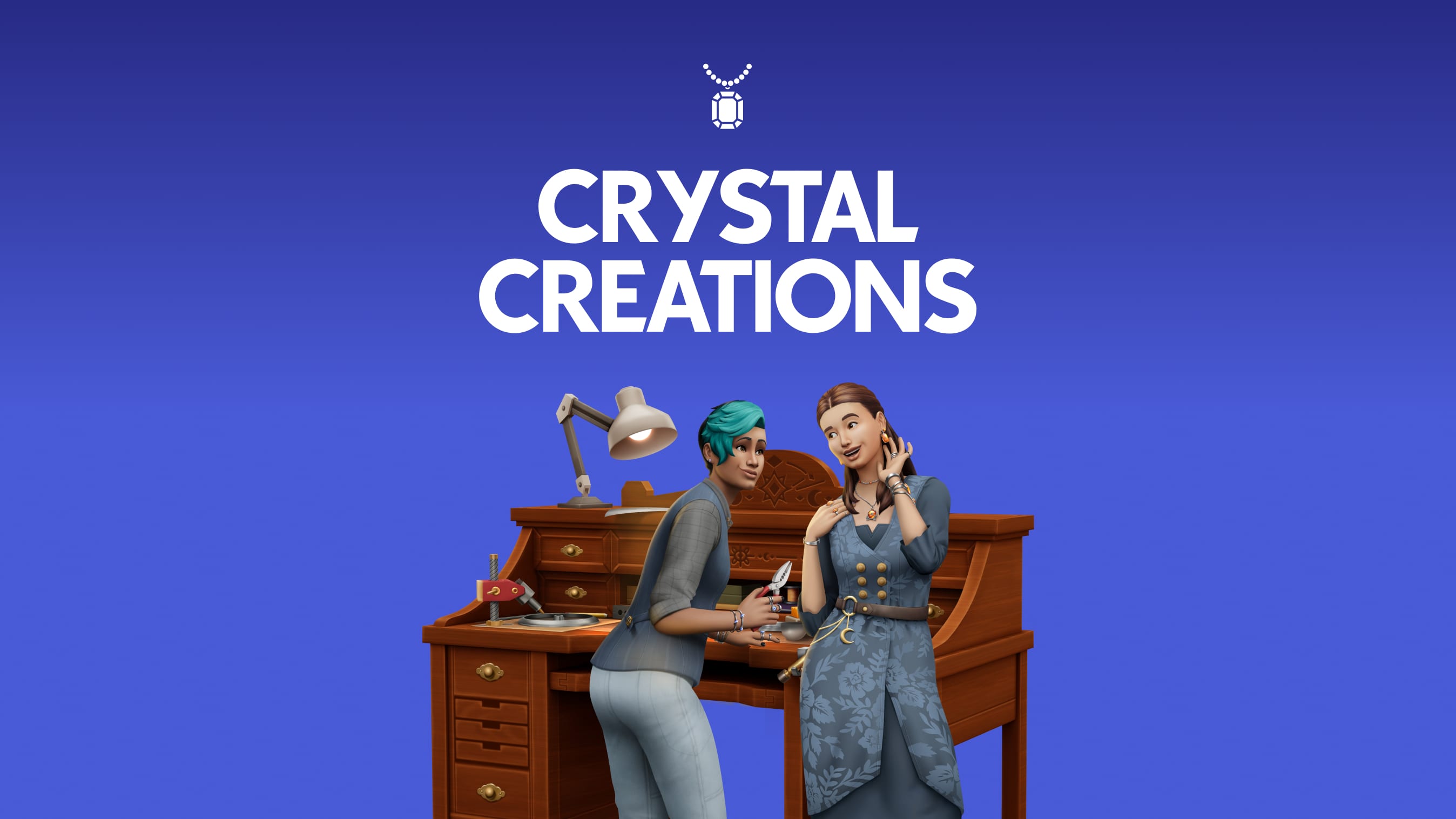 Text that says Crystal Creations over two Sims standing by a jewelry crafts table.