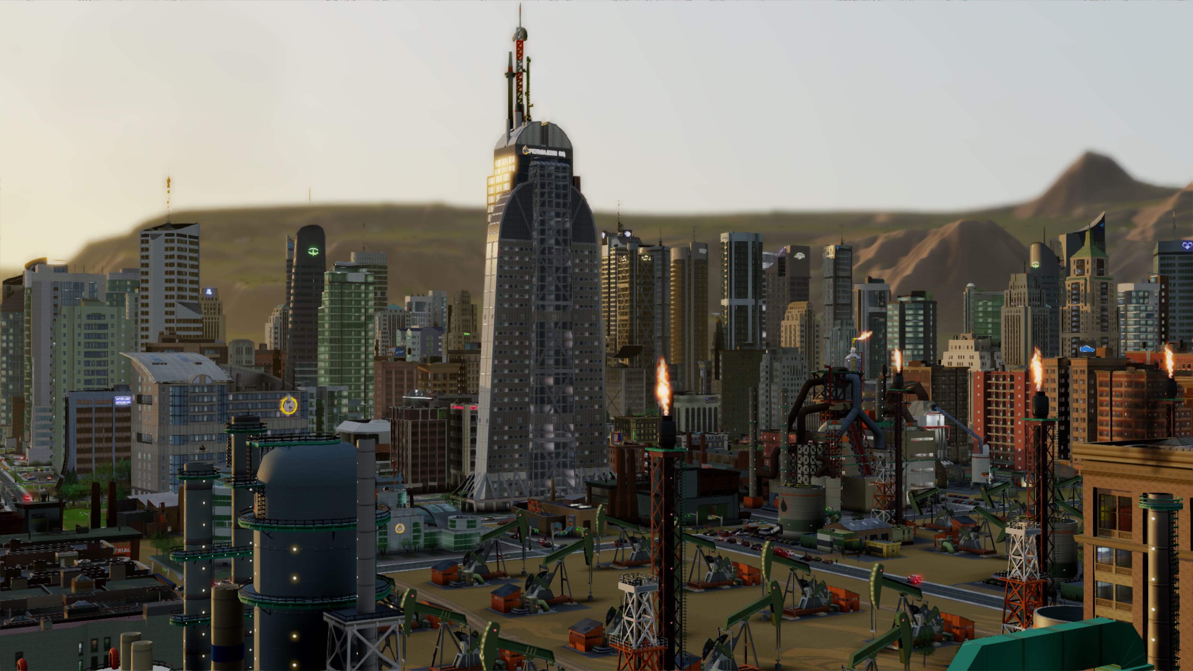 A SimCity skyline with skyscrapers, oil derricks, and industrial buildings.