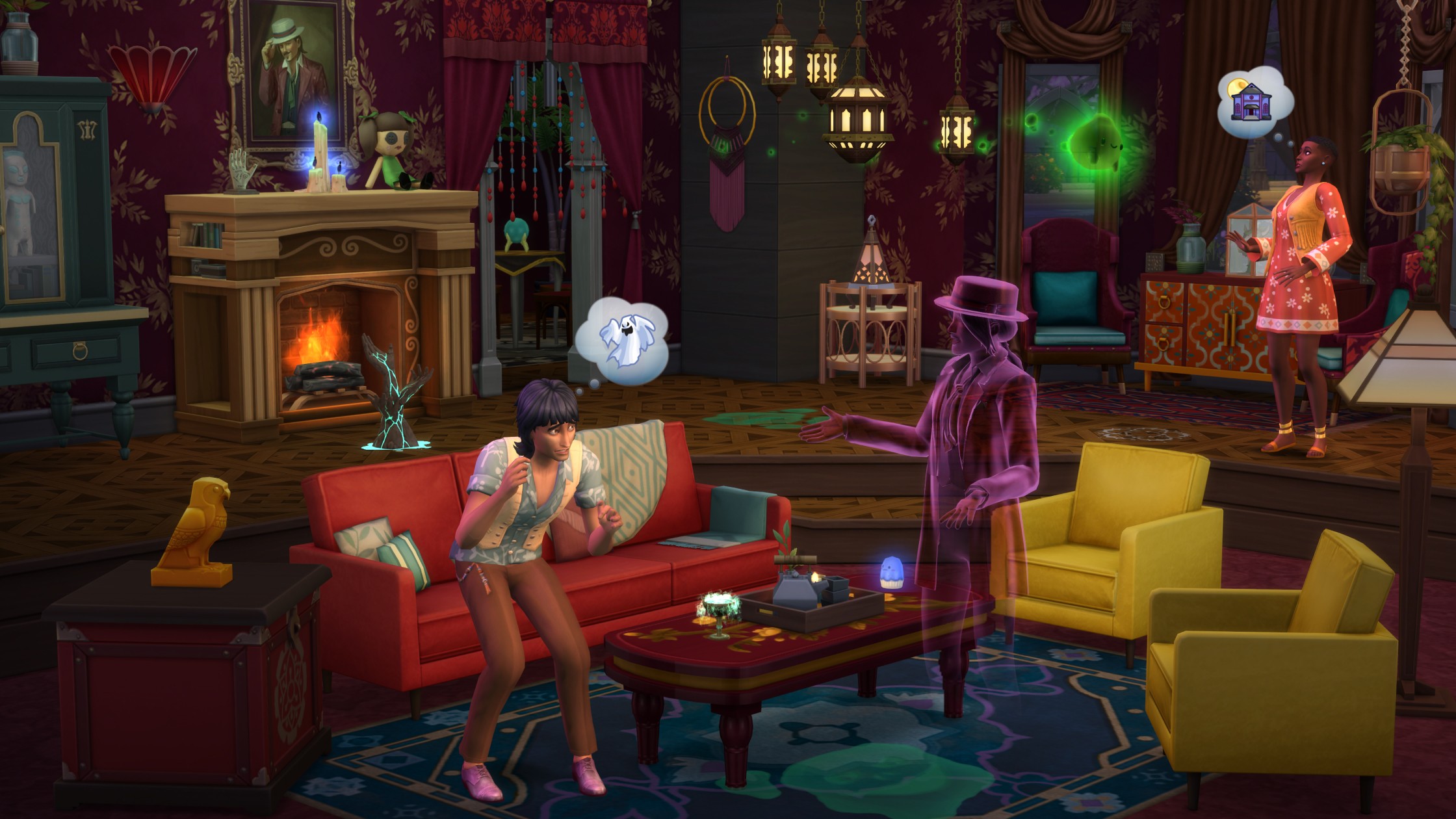 A dimly lit room. A Sim reacts to a transparent pink Sim with a thought bubble containing a ghost.