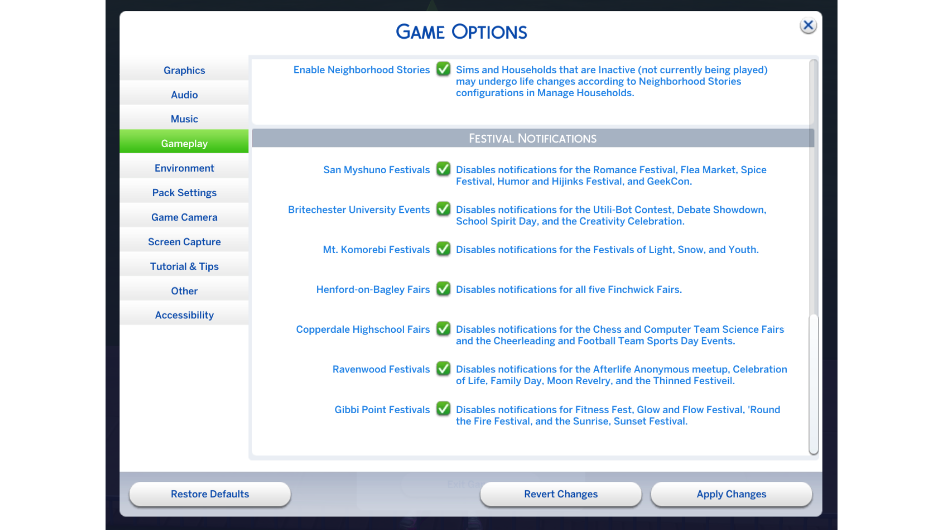 Sims 4 Game Options menu on Gameplay tab, showing Neighborhood Stories and festival notification toggles for multiple worlds.