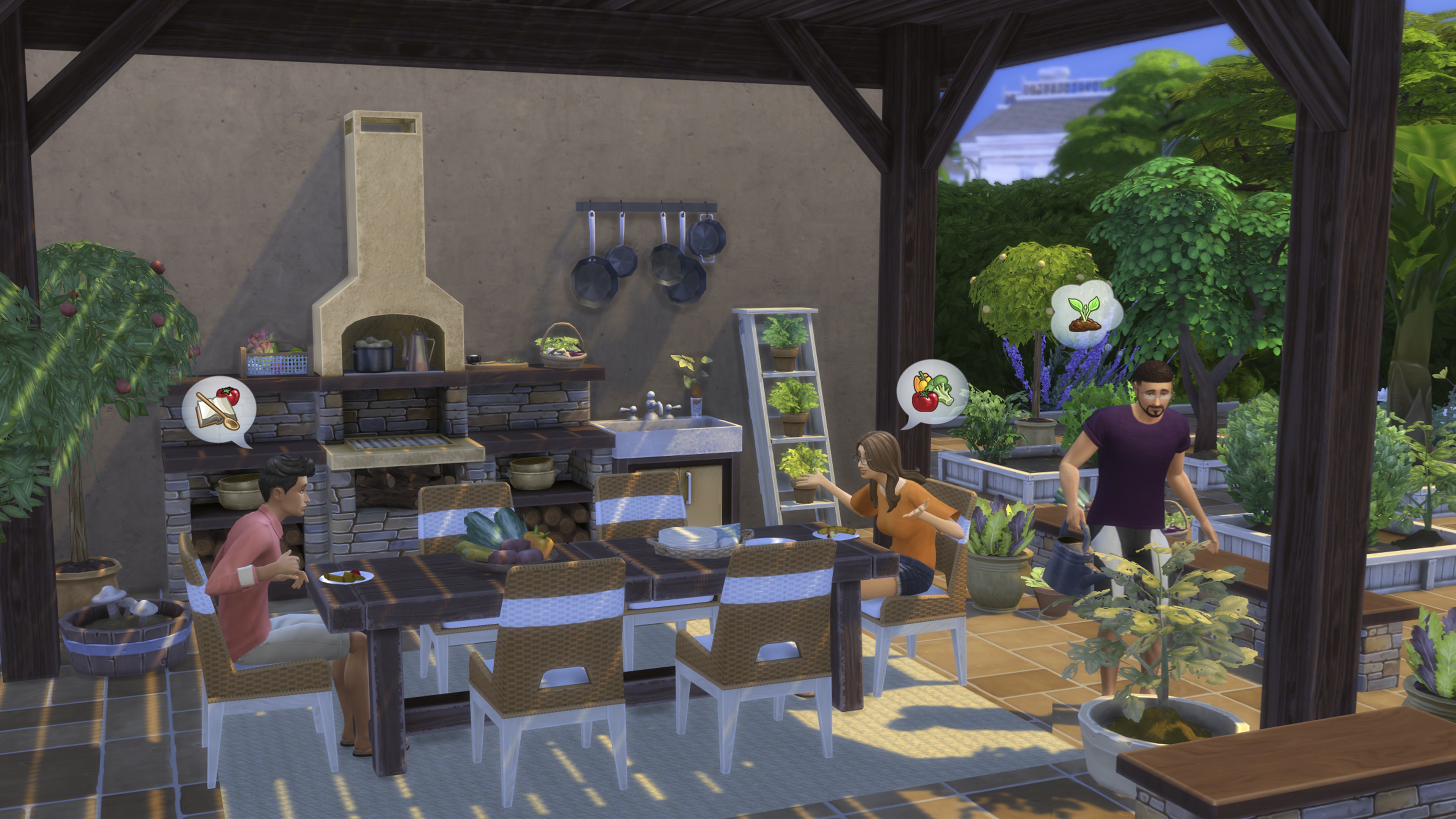 Three Sims relax and work in a cozy outdoor kitchen and garden surrounded by plants.