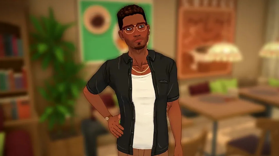 Paralives male Para with blurred dining room background, standing with hand on his hip.