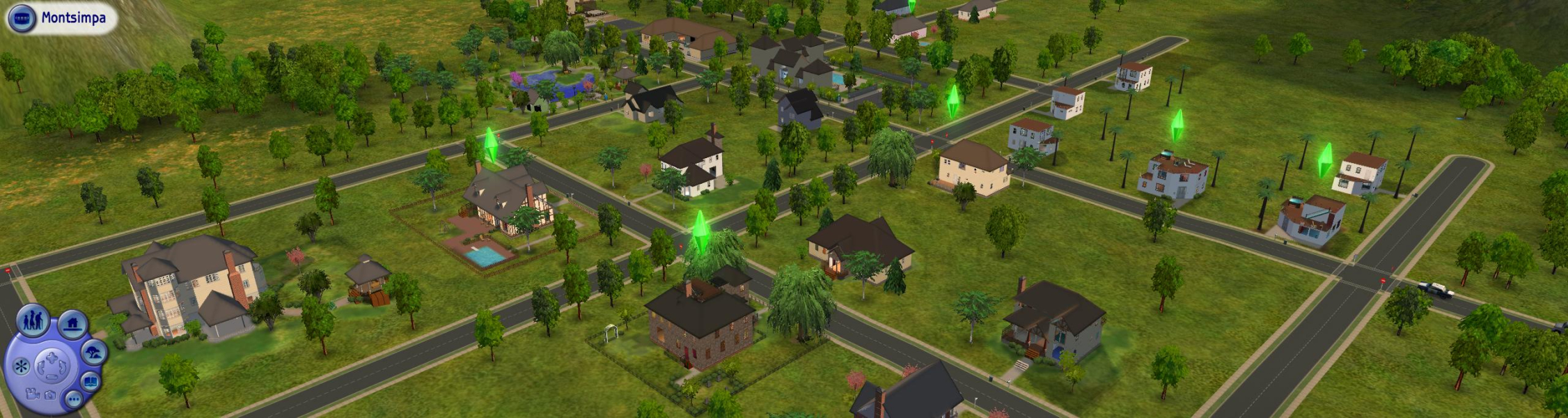 A virtual neighborhood in The Sims 2 features multiple houses surrounded by trees, with some properties having swimming pools, and roads int