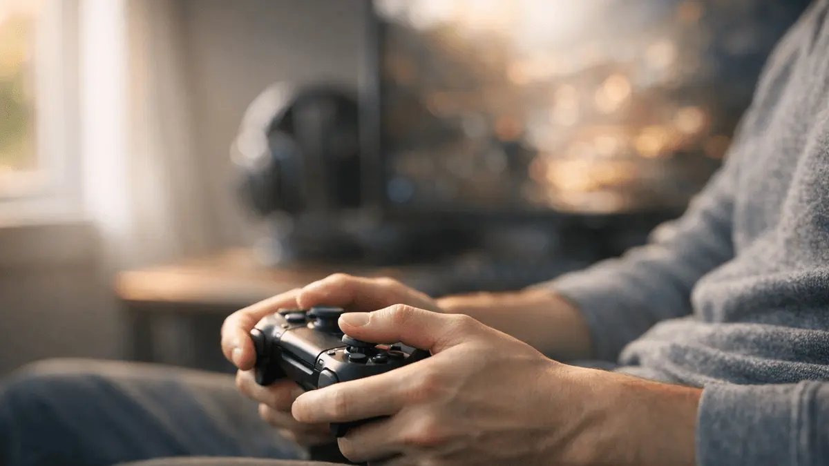 Relaxed gamer in calm environment, focused gameplay suggesting stress relief and physiological recovery