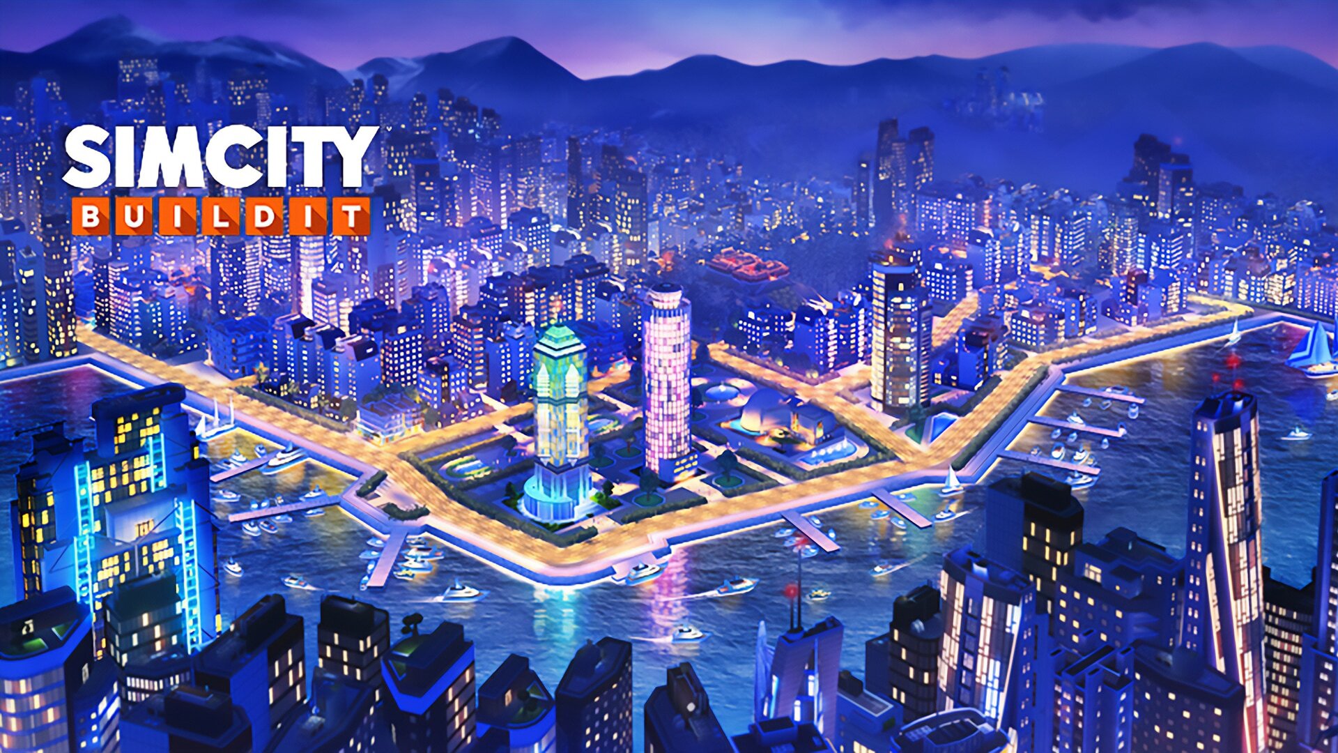 A vibrant, illuminated cityscape from SimCity BuildIt at night, featuring high-rise buildings, waterways with boats, and glowing streets against a mountainous backdrop.