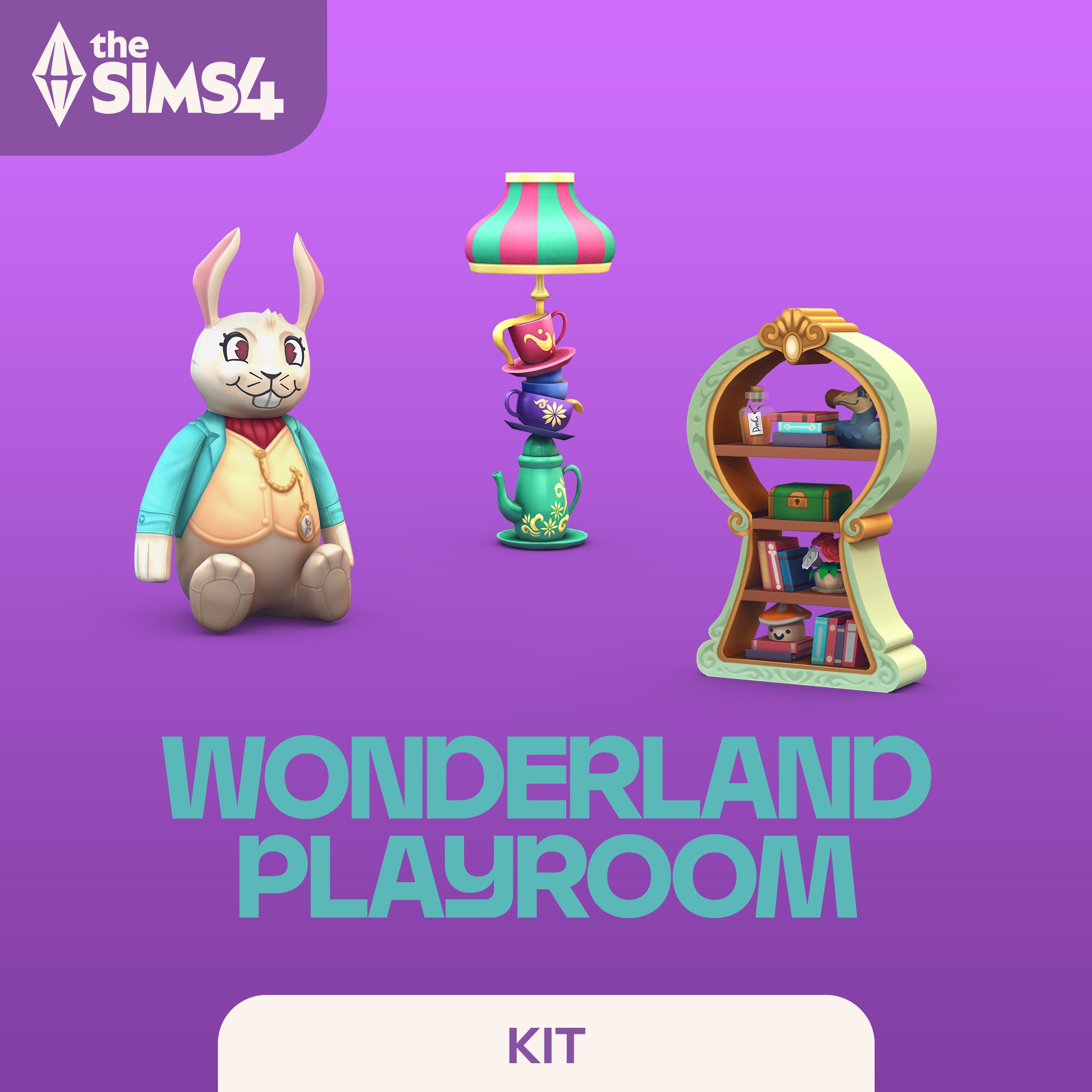 Pack art for The Sims 4 Wonderland Playroom Kit, showing a plush bunny, a whimsical teacup lamp, and a curved storybook shelf on a purple background.