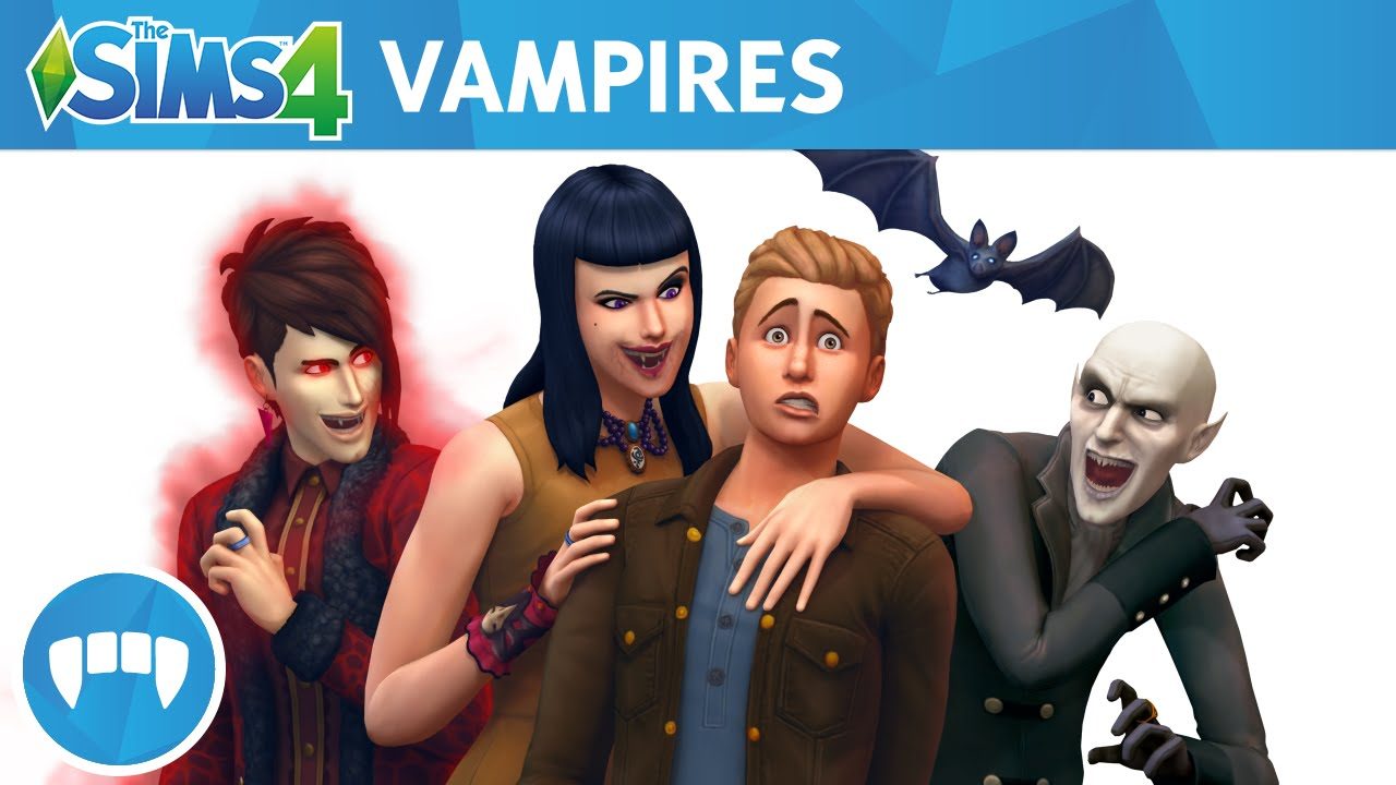 A Sim with vampire Sims on either side. The non-vampire Sim looks concerned.