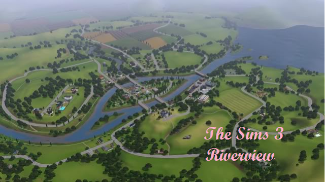 A detailed digital map showcases the lush green landscape, waterways, and residential areas of Riverview in The Sims 3, with the game's title, "The Sims 3 Riverview," displayed in pink script.