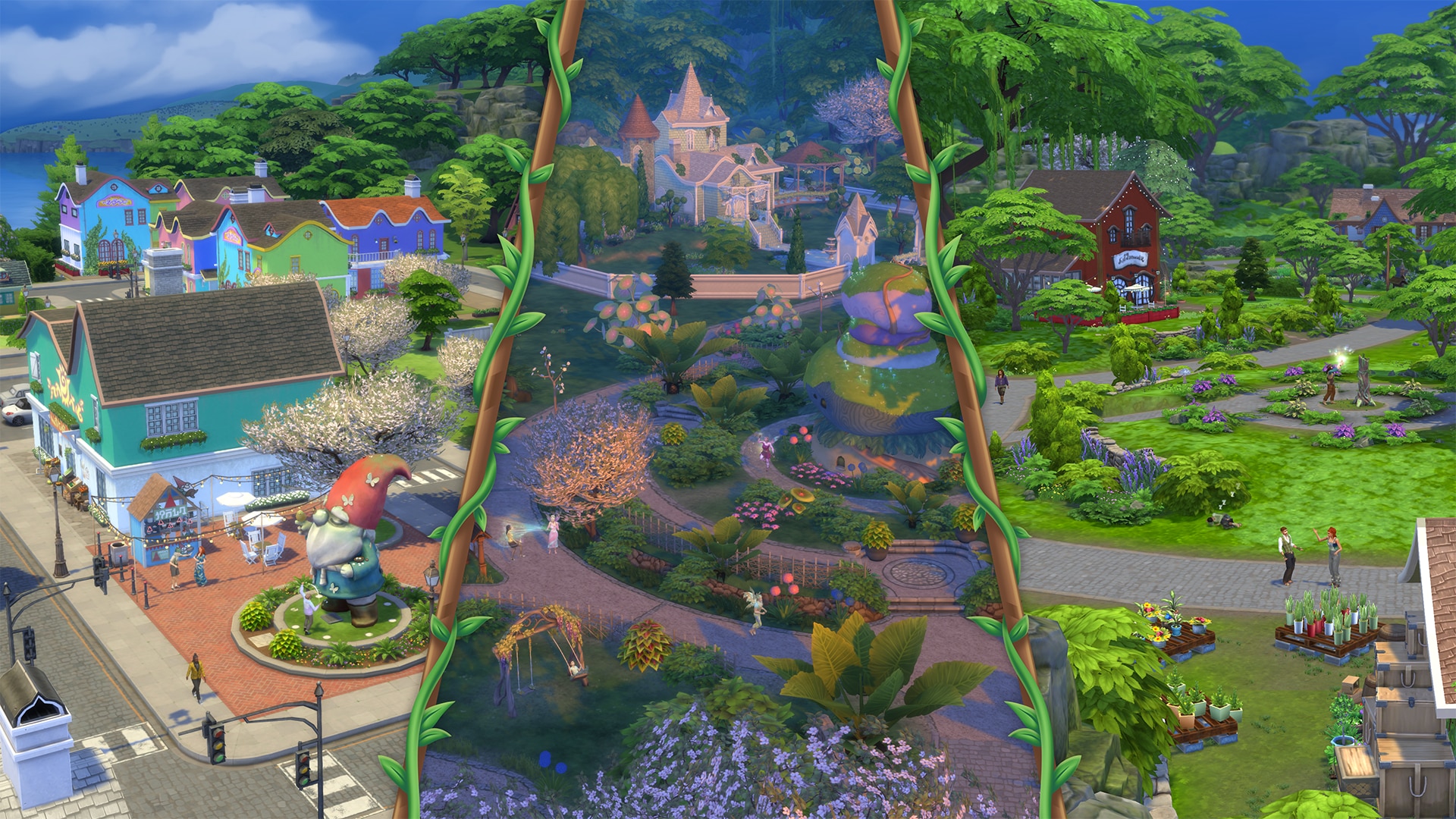 A whimsical neighborhood blends city life with magical forest parks, colorful shops, fairy gardens, and Sims exploring and gardening outdoors.